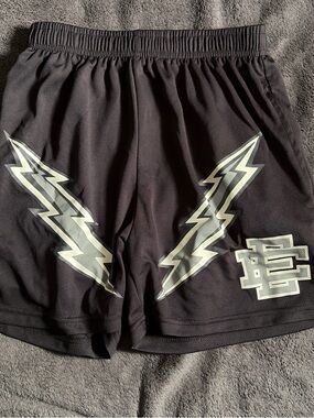 Eric Emanuel Black Athletic Shorts with Silver Lightning Graphics